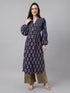 Navy Blue Pure Cotton Floral Printed A-line Kurta