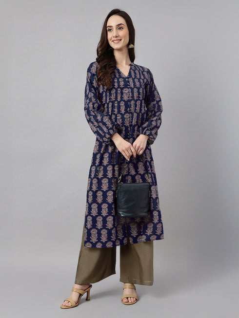 Navy Blue Pure Cotton Floral Printed A-line Kurta