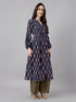Navy Blue Pure Cotton Floral Printed A-line Kurta