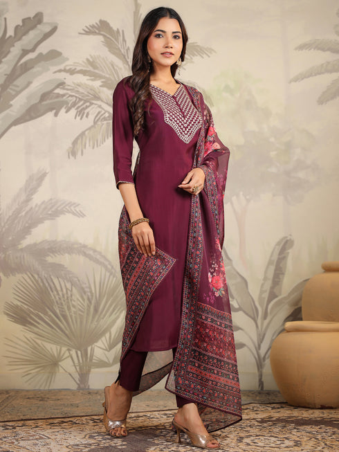 Purple Chanderi Silk Yoke Embroidered Straight Kurta Set