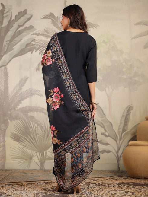 Black Chanderi Silk Yoke Embroidery Straight Kurta with Pant & Dupatta Set
