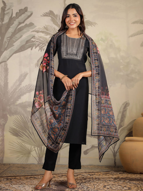 Black Chanderi Silk Yoke Embroidery Straight Kurta with Pant & Dupatta Set