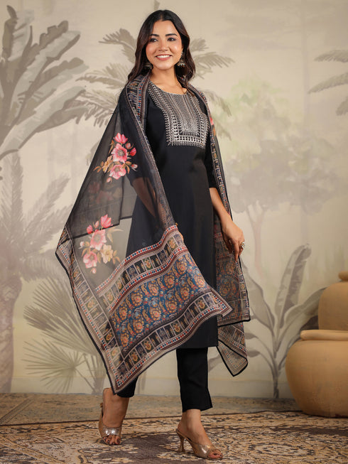 Black Chanderi Silk Yoke Embroidery Straight Kurta with Pant & Dupatta Set
