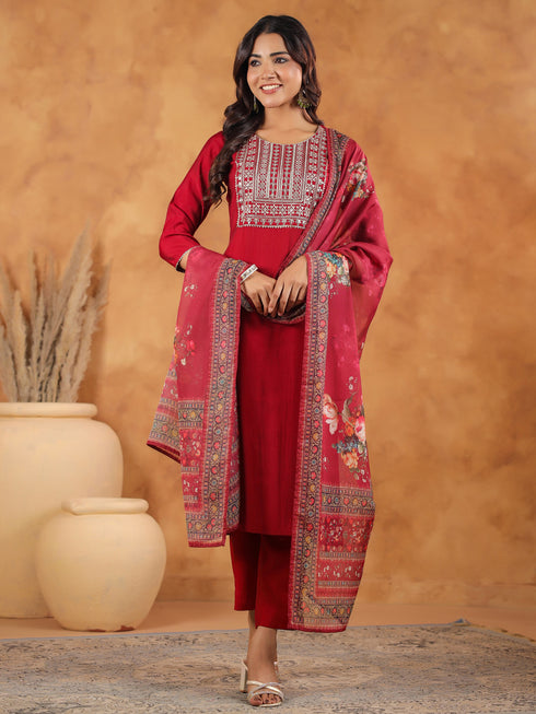 Maroon Chanderi Silk Yoke Embroidered Straight Kurta Set