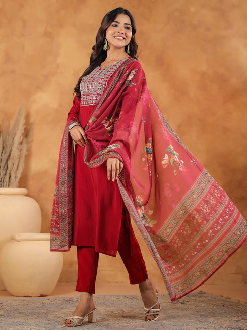 Maroon Chanderi Silk Yoke Embroidered Straight Kurta Set