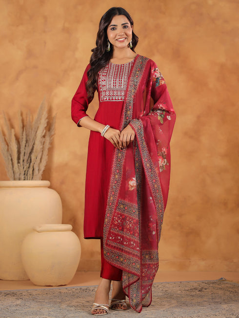 Maroon Chanderi Silk Yoke Embroidered Straight Kurta Set