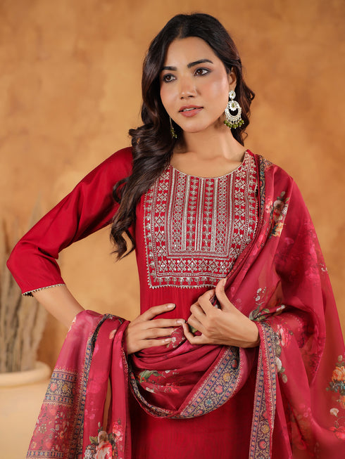 Maroon Chanderi Silk Yoke Embroidered Straight Kurta Set