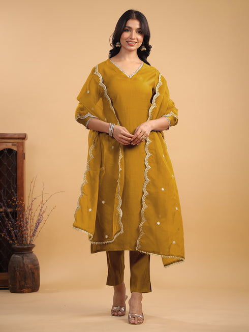 Mustard Silk Blend Embellished Straight Kurta Set