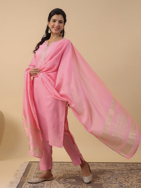 Baby Pink Cotton Blend Solid Straight Kurta Set