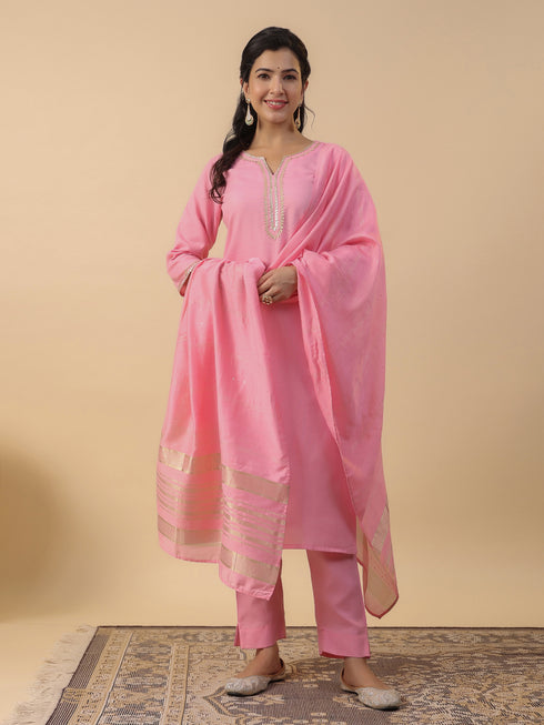 Baby Pink Cotton Blend Solid Straight Kurta Set
