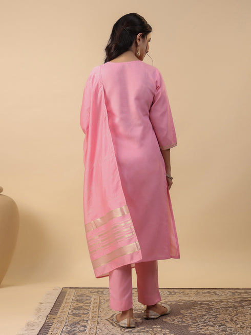 Baby Pink Cotton Blend Solid Straight Kurta Set