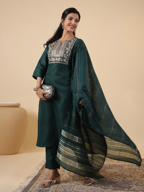 Dark Green Cotton Blend Yoke Embroidery Straight Kurta Set