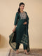 Dark Green Cotton Blend Yoke Embroidery Straight Kurta Set