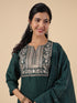 Dark Green Cotton Blend Yoke Embroidery Straight Kurta Set
