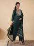 Dark Green Cotton Blend Yoke Embroidery Straight Kurta Set