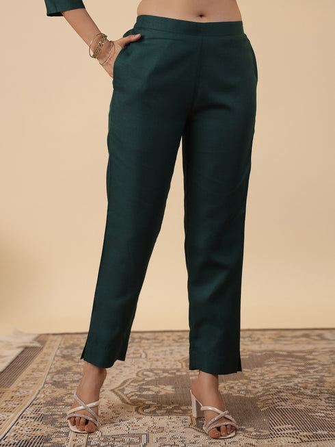 Dark Green Cotton Blend Yoke Embroidery Straight Kurta Set