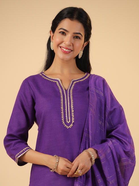 Purple Cotton Blend Yoke Design Straight Kurta Set