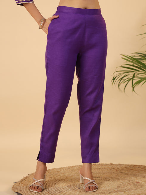 Purple Cotton Blend Yoke Design Straight Kurta Set