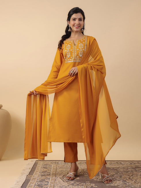 Mustard Cotton Blend Yoke Embroidered Straight Kurta Set