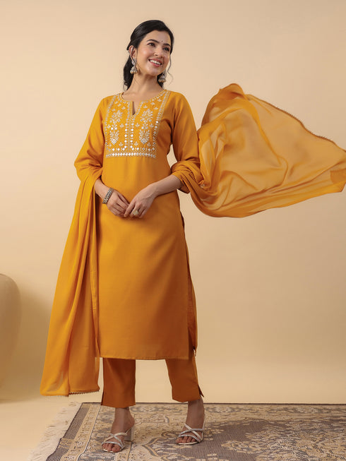 Mustard Cotton Blend Yoke Embroidered Straight Kurta Set
