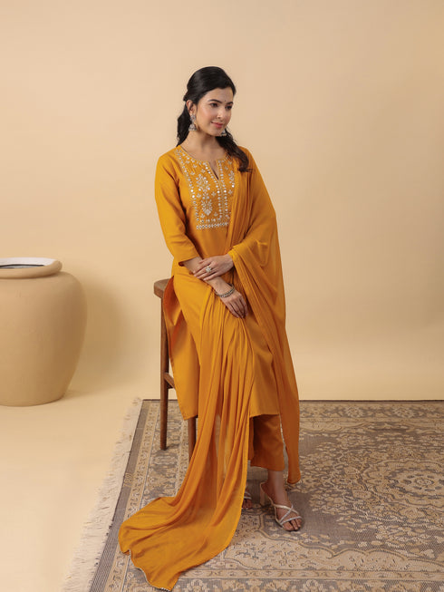 Mustard Cotton Blend Yoke Embroidered Straight Kurta Set