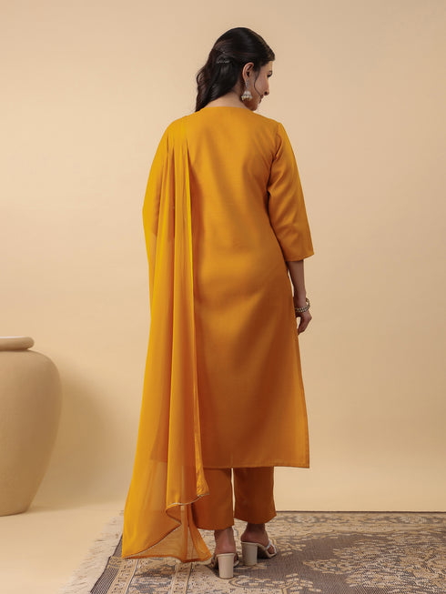 Mustard Cotton Blend Yoke Embroidered Straight Kurta Set