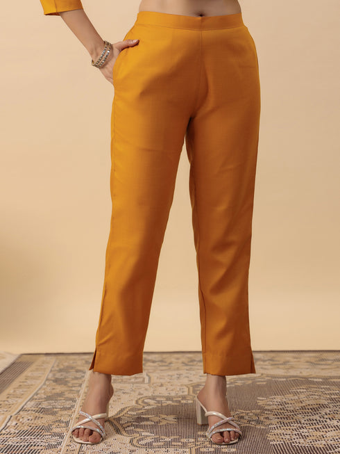 Mustard Cotton Blend Yoke Embroidered Straight Kurta Set