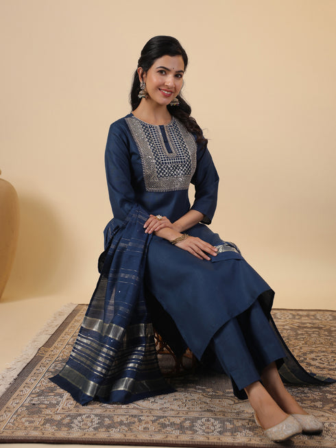Blue Cotton Blend Yoke Embroidery Straight Kurta Set