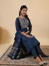 Blue Cotton Blend Yoke Embroidery Straight Kurta Set