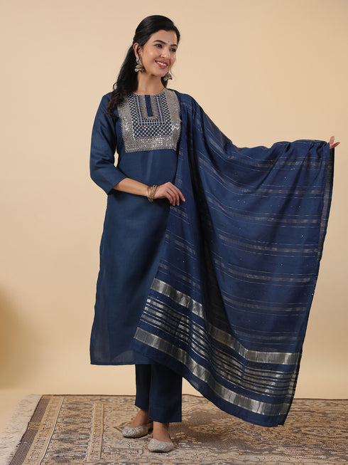 Blue Cotton Blend Yoke Embroidery Straight Kurta Set