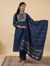 Blue Cotton Blend Yoke Embroidery Straight Kurta Set