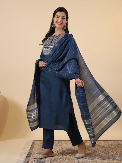 Blue Cotton Blend Yoke Embroidery Straight Kurta Set
