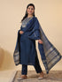 Blue Cotton Blend Yoke Embroidery Straight Kurta Set