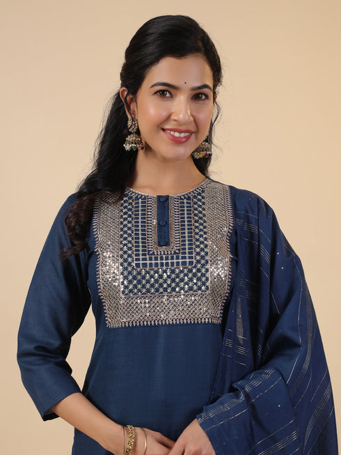 Blue Cotton Blend Yoke Embroidery Straight Kurta Set
