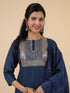 Blue Cotton Blend Yoke Embroidery Straight Kurta Set