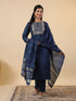 Blue Cotton Blend Yoke Embroidery Straight Kurta Set