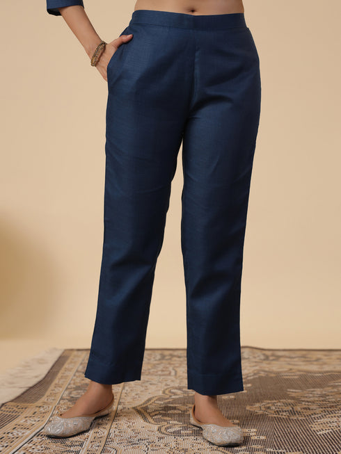 Blue Cotton Blend Yoke Embroidery Straight Kurta Set