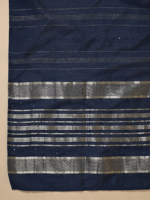 Blue Cotton Blend Yoke Embroidery Straight Kurta Set