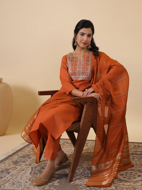 Rust Cotton Blend Yoke Embroidery Straight Kurta Set