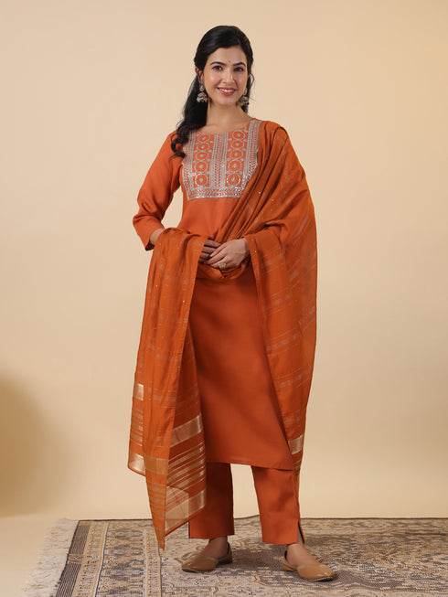 Rust Cotton Blend Yoke Embroidery Straight Kurta Set