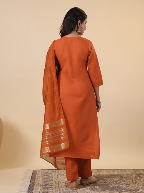 Rust Cotton Blend Yoke Embroidery Straight Kurta Set