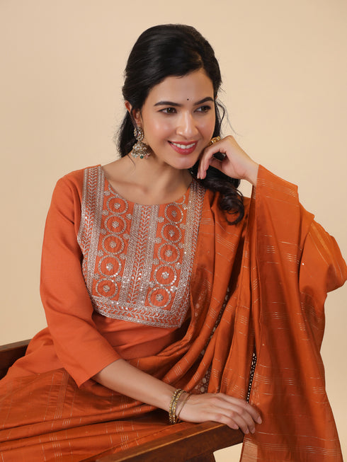 Rust Cotton Blend Yoke Embroidery Straight Kurta Set