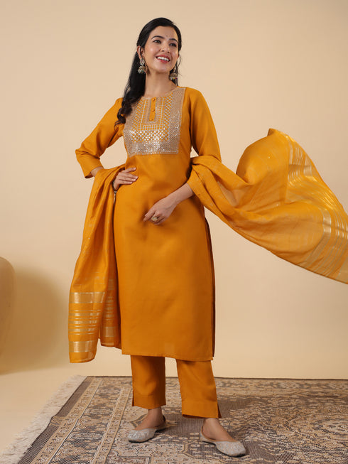 Mustard Cotton Blend Yoke Embroidered Straight Kurta Set