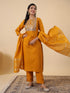 Mustard Cotton Blend Yoke Embroidered Straight Kurta Set