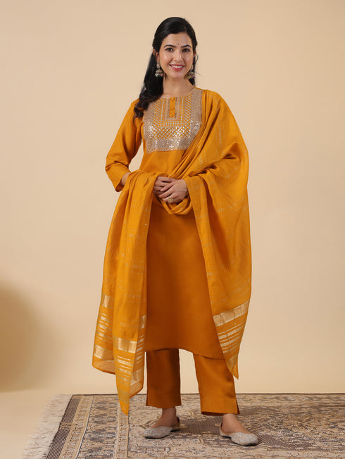 Mustard Cotton Blend Yoke Embroidered Straight Kurta Set