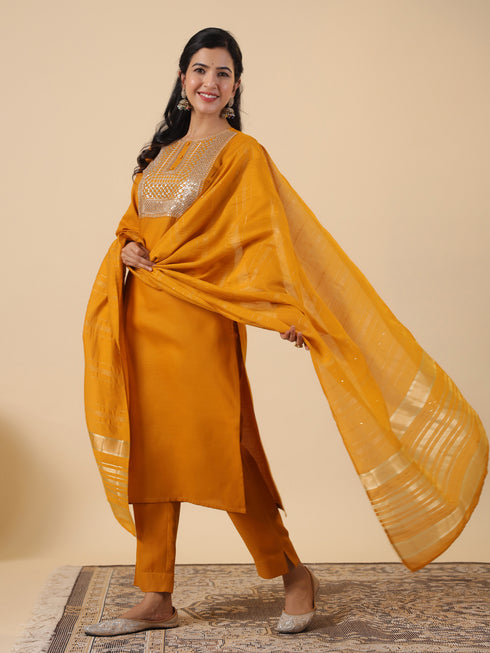 Mustard Cotton Blend Yoke Embroidered Straight Kurta Set