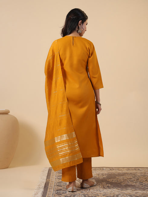 Mustard Cotton Blend Yoke Embroidered Straight Kurta Set