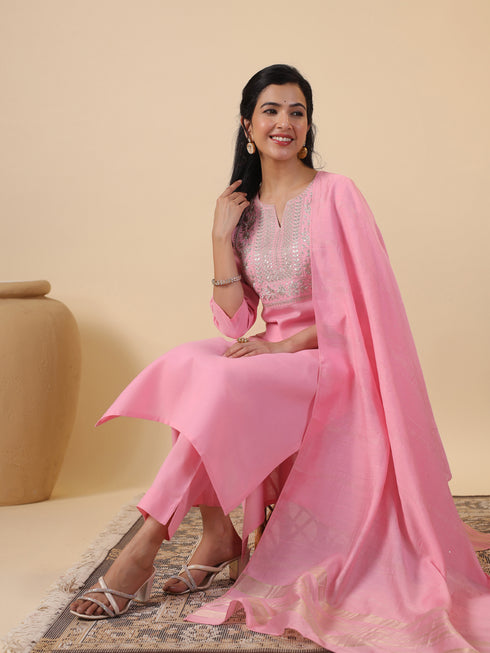 Pink Cotton Blend Yoke Embroidery Straight Kurta Set