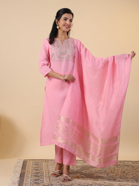 Pink Cotton Blend Yoke Embroidery Straight Kurta Set