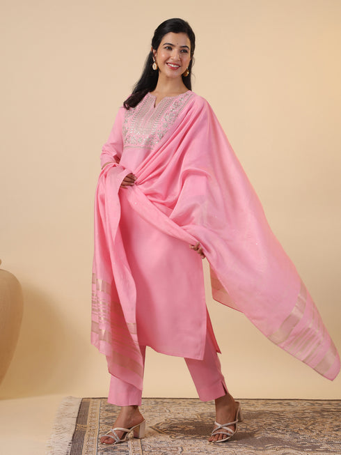 Pink Cotton Blend Yoke Embroidery Straight Kurta Set